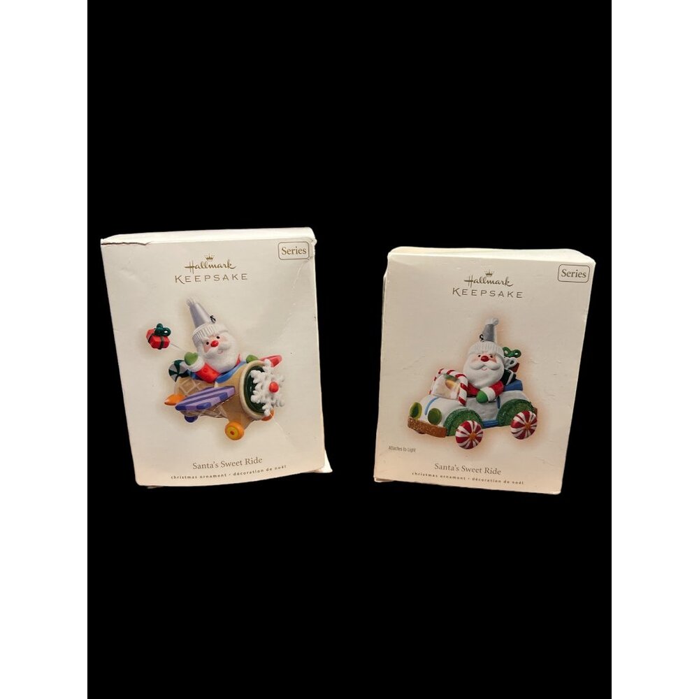 Hallmark Keepsake Santa’s Sweet Ride 2008 & 2007 Ornaments Airplane & Car W Box